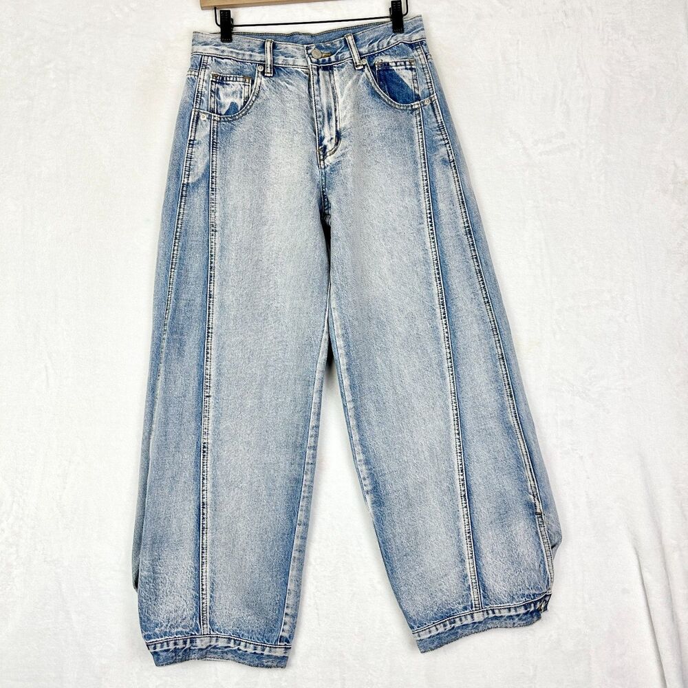 Bohme Kadie High Rise Baggy Jeans Light Wash Size Small NWT Button Cuff Rigid - Picture 3 of 11